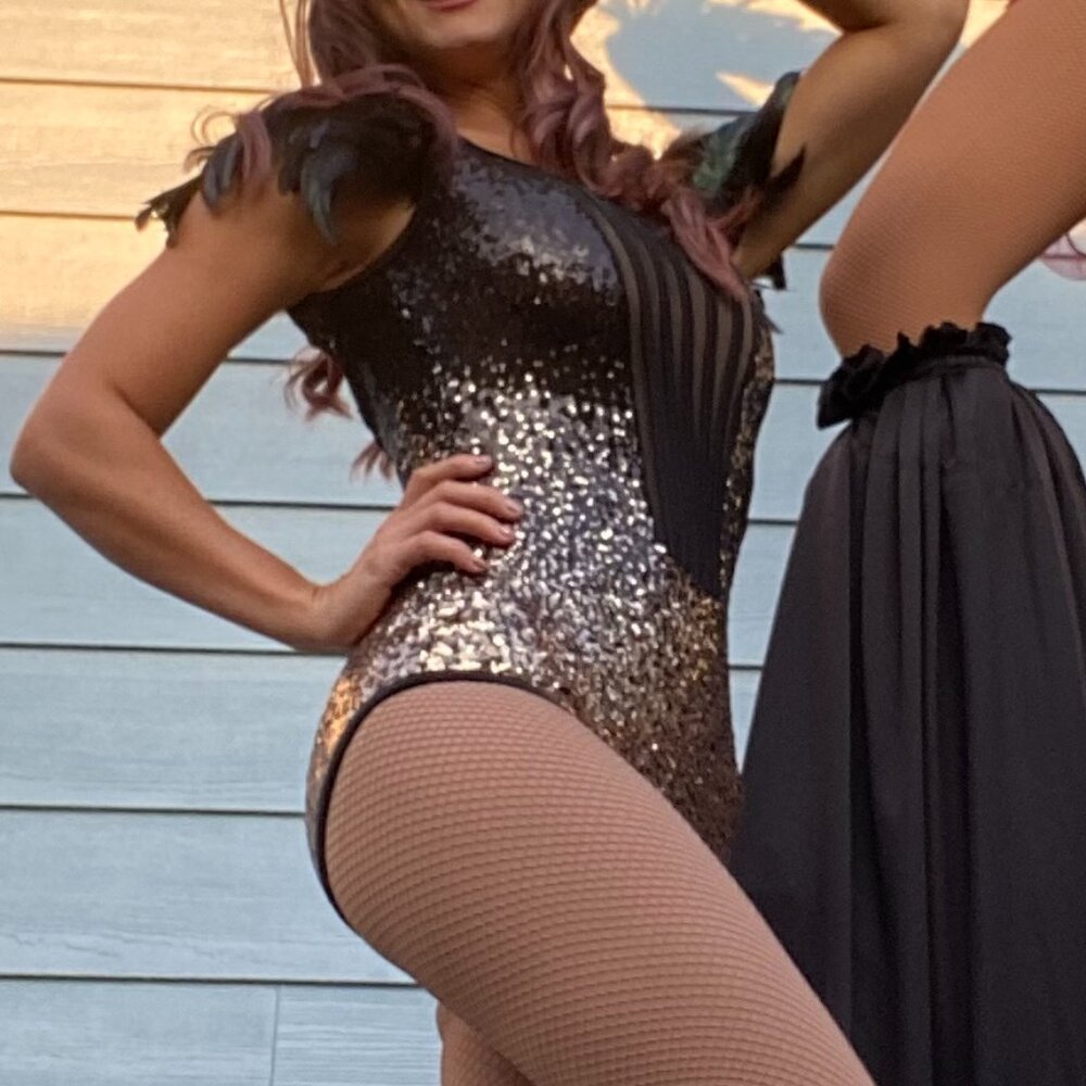 Black & Gold Ombre Sequin Dance Costume with Feathers - Curtain Call AS